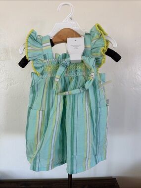 Tahari Girls Mint Green Striped Dress with Yellow Trim